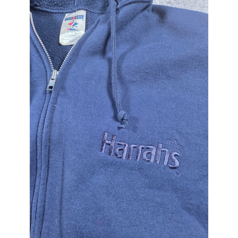 Vintage Jerzees Harrahs‎ Casino Navy Blue Full Zip Hoodie Sweatshirt XL NuBlend